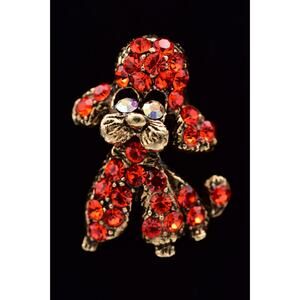 Vintage Red Rhinestone Poodle Dog Brooch Figural Puppy Pin Crystal Gold BinAC